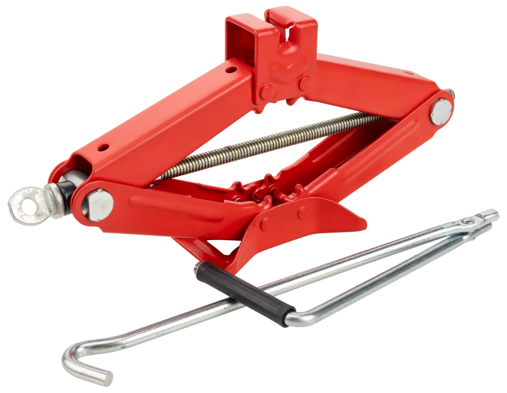 Röd saxdomkraft för bil med metallvev, används för att lyfta fordon vid däckbyte. Stabil stålram och gängad spindel för enkel manuell användning.