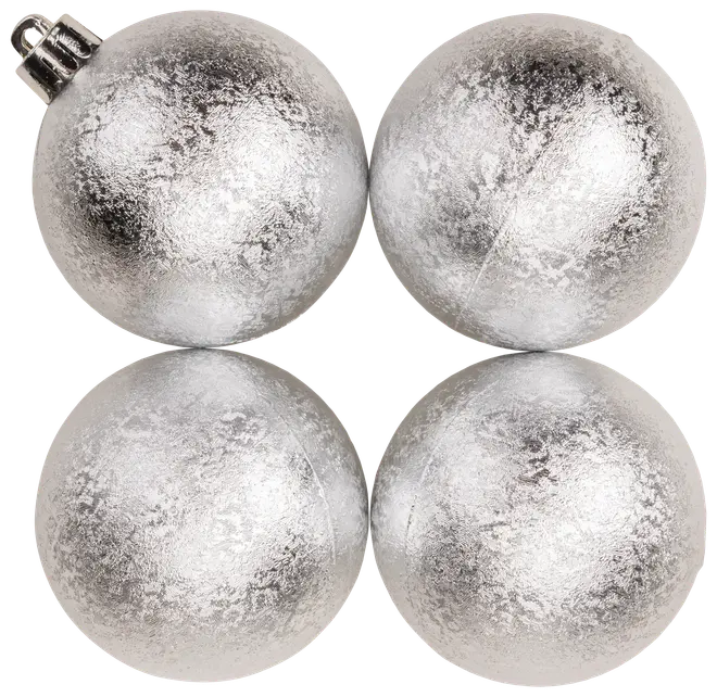 Sæt med fire sølvfarvede julekugler med frostet, tekstureret overflade. Kuglerne er runde og har metalophæng. Elegant og festlig julepynt.