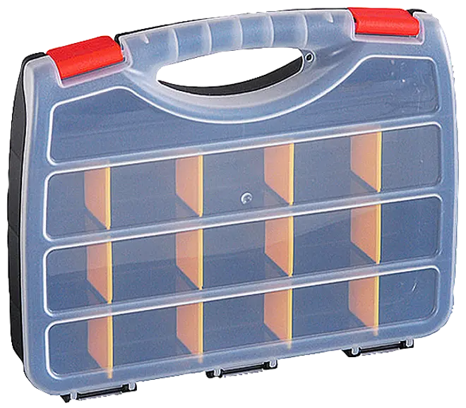 Plastik opbevaringsboks med gennemsigtigt låg, røde låse og tolv rum med gule skillevægge. Robust håndtag gør den nem at transportere til småting og værktøj.