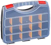 Plastik opbevaringsboks med gennemsigtigt låg, røde låse og tolv rum med gule skillevægge. Robust håndtag gør den nem at transportere til småting og værktøj.