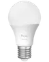 Hvid LED smartpære med E27 fatning, rund top, mærket 'hue Essential.' Velegnet til smart belysning, kompatibel med smarthome-systemer, energieffektiv.