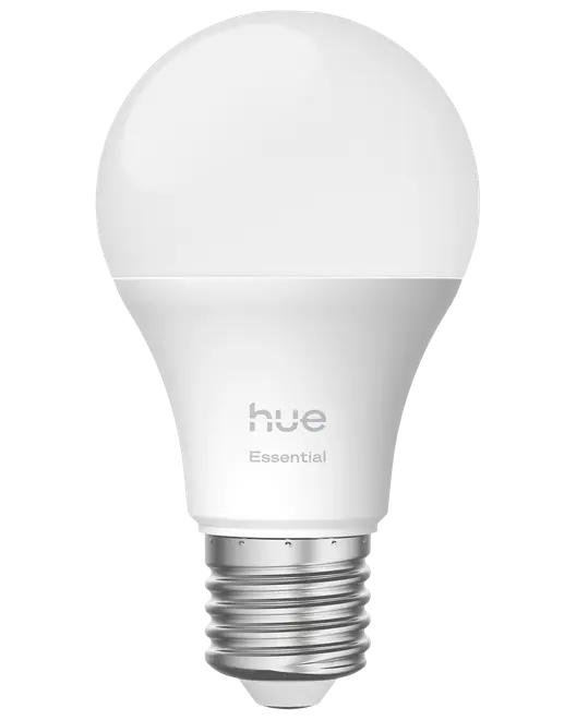 Hvid LED smartpære med E27 fatning, rund top, mærket 'hue Essential.' Velegnet til smart belysning, kompatibel med smarthome-systemer, energieffektiv.