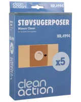 Pakke med Clean Action Wasco Clean støvsugerposer, model NR.4994, indeholder 5 papirposer med plastkrave, passer til udvalgte støvsugermodeller. Blå emballage med produktbillede.