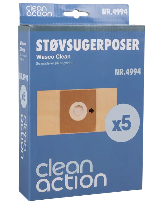 Förpackning med Clean Action Wasco Clean dammsugarpåsar, modell NR.4994, innehåller 5 papperspåsar med plastkrage, passar utvalda dammsugarmodeller. Blå förpackning med produktbild.