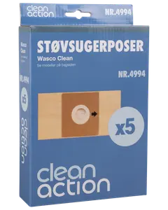 Förpackning med Clean Action Wasco Clean dammsugarpåsar, modell NR.4994, innehåller 5 papperspåsar med plastkrage, passar utvalda dammsugarmodeller. Blå förpackning med produktbild.