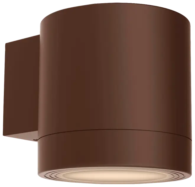 Moderne udendørs væglampe med cylindrisk form, bronzefarvet finish og nedadrettet matteret linse. Velegnet til udendørs brug ved indgange eller terrasser.