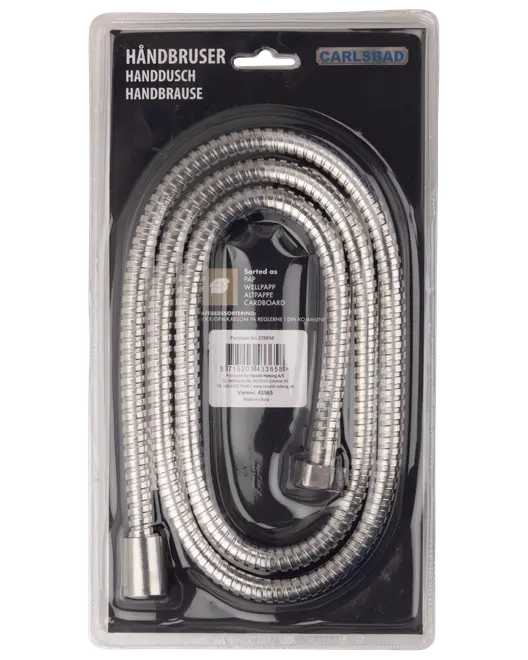 Flexibel duschslang i metall, silverfärgad, med gängade kopplingar i båda ändar. Förpackad i genomskinlig plast. Passar handdusch, hållbar och enkel att montera.