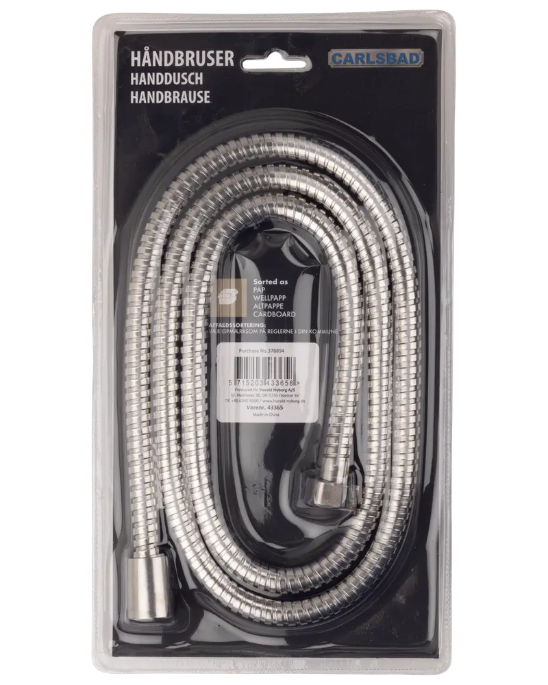 Flexibel duschslang i metall, silverfärgad, med gängade kopplingar i båda ändar. Förpackad i genomskinlig plast. Passar handdusch, hållbar och enkel att montera.