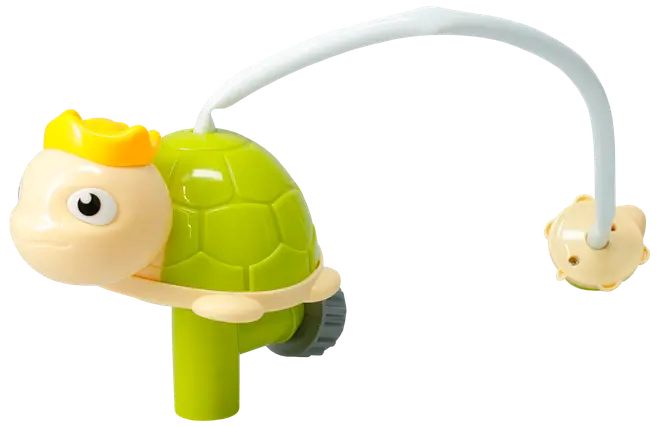 Grøn skildpaddeformet badlegetøj med gul krone, store øjne og fleksibel slange med blomsterformet sprøjte. Fremstillet af plast, designet til børns vandleg.