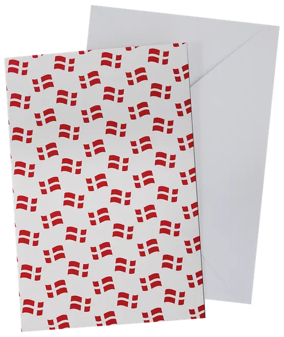 Kort med mønster af røde og hvide Dannebrog flag på forsiden. Leveres med hvid kuvert. Perfekt til festlige eller nationale begivenheder.