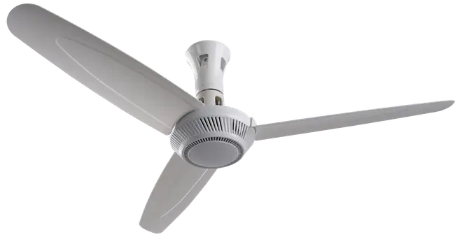 Vit takfläkt med tre aerodynamiska blad, modern design och central motorenhet. Passar hem eller kontor, ger effektiv luftcirkulation och tyst drift.