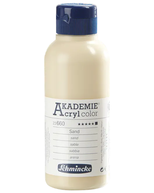 Flaske med Schmincke Akademie Acryl color akrylmaling i sandfarve, blå skruelåg og hvid etiket med produktinformation og farvenavn på flere sprog.