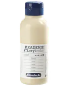 Flaska med Schmincke Akademie Acryl color akrylfärg i sandnyans, blå skruvlock och vit etikett med produktinformation och färgnamn på flera språk.