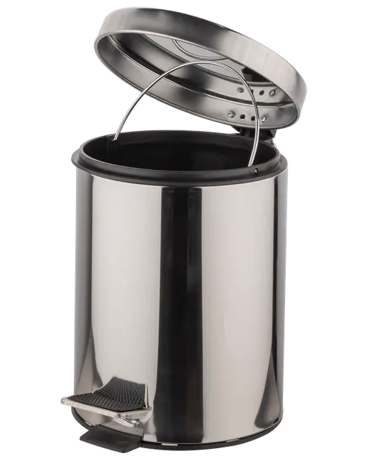 Affaldsspand i rustfrit stål med fodpedal, aftagelig inderspand med hank og blank overflade. Perfekt til køkken eller badeværelse for håndfri affaldshåndtering.