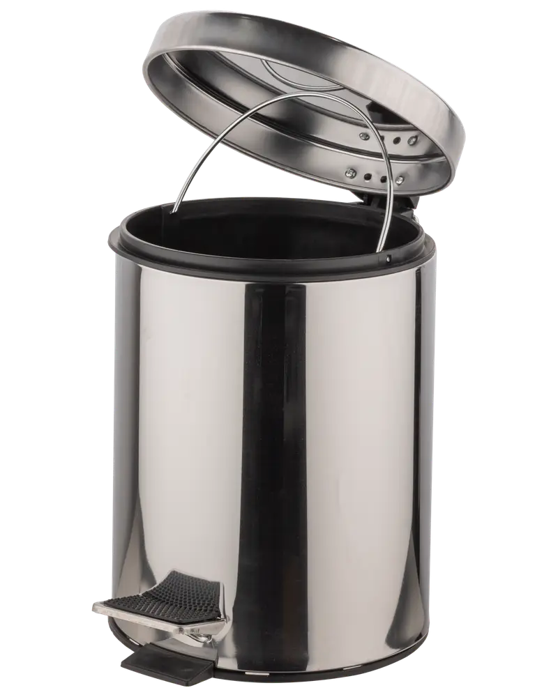 Sopbehållare i rostfritt stål med fotpedal, avtagbar innerhink med handtag och blank yta. Perfekt för kök eller badrum, ger handsfree avfallshantering.