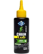 Sort cykelkædesmøremiddel med gul hætte, mærket Help Chain Lube, til tørre forhold, biologisk nedbrydelig, PTFE-formel, 110 ml.