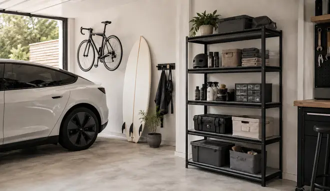 Sort metal reol til garage med fem hylder, fyldt med sammenfoldede håndklæder, opbevaringskasser, rengøringsmidler og hjelm ved siden af et vægmonteret surfbræt.