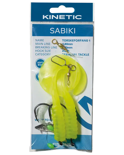 Kinetic Sabiki fiskerig i pakke med neon gul softbait, flere kroge og swivler til havfiskeri.