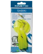 Kinetic Sabiki fiskerig i pakke med neon gul softbait, flere kroge og swivler til havfiskeri.