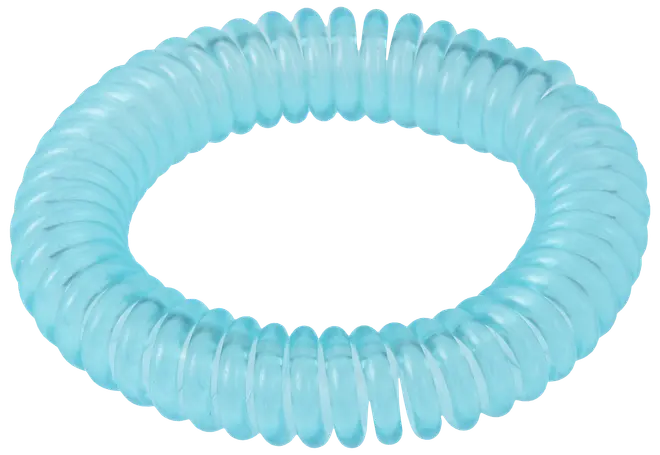 Lys blå, spiralformet elastik til håret lavet af plastik. Strækbar og holdbar, ideel til at holde håret på plads uden at skade eller filtre det.