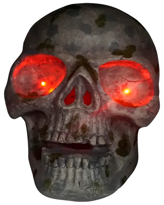 Halloween-kraniedekoration med lysende røde LED-øjne, realistisk revnet og slidt stentekstur samt mosgrønne pletter. Velegnet til uhyggelig indendørs eller udendørs pynt.