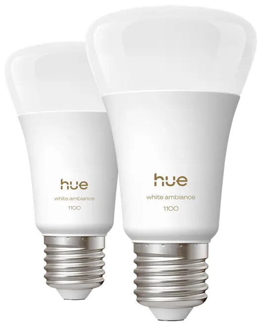 To Philips Hue White Ambiance 1100 LED-pærer med E27 fatning, elegant hvidt design og justerbar hvid belysning til fleksibel hjemmebelysning.