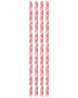 Sæt med fem papirsugerør med rødt og hvidt geometrisk gittermønster. Miljøvenlige, engangs, velegnet til kolde drikke. Hvert sugerør er lige og standardlængde.