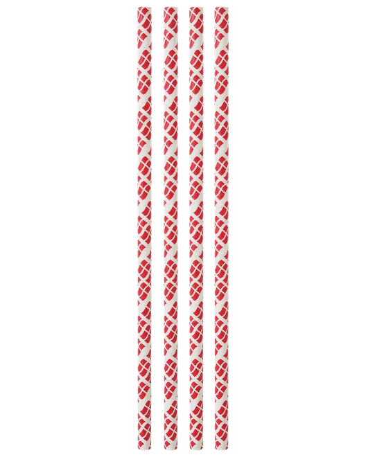 Sæt med fem papirsugerør med rødt og hvidt geometrisk gittermønster. Miljøvenlige, engangs, velegnet til kolde drikke. Hvert sugerør er lige og standardlængde.