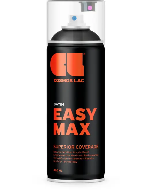Sort spraydåse, 400 ml, med orange tekst. Mærket 'COSMOS LAC EASY MAX SATIN'. Klar hætte og dyse, giver overlegen dækning og fløjlsblød satinfinish.