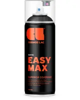 Sort 400 ml spraydåse med orange tekst, mærket 'Cosmos Lac Easy Max Satin'. Har gennemsigtigt plastlåg og lover overlegen dækning og drypfri teknologi.