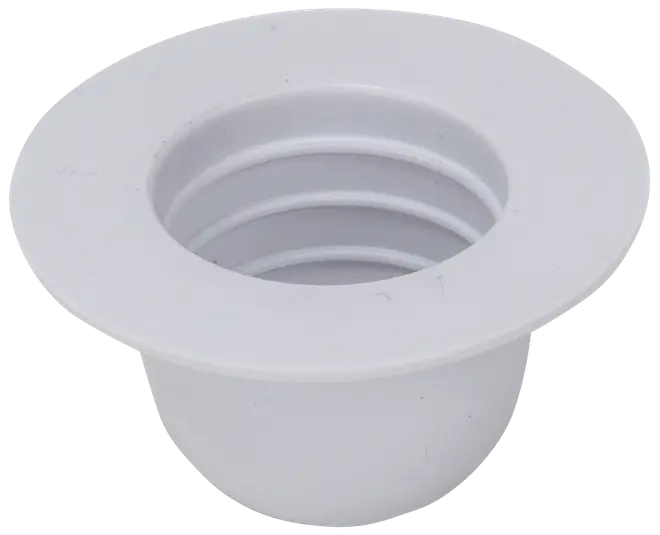 Vit plast rörkoppling med bred fläns och räfflad insida, avsedd för VVS- eller avloppsanslutningar. Hållbar, lätt och passar olika rörinstallationer.