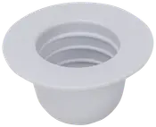 Vit plast rörkoppling med bred fläns och räfflad insida, avsedd för VVS- eller avloppsanslutningar. Hållbar, lätt och passar olika rörinstallationer.