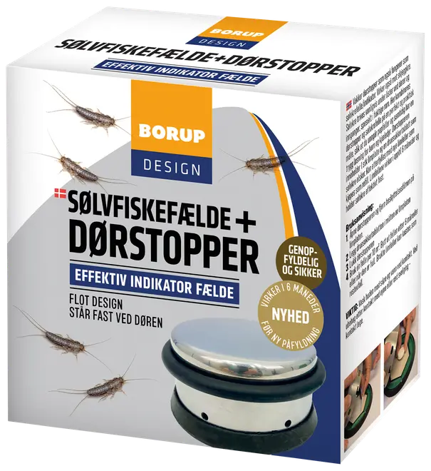Æske med sølvfiskefælde og dørstopper, flot metaldesign. Virker op til 6 måneder, genopfyldelig og sikker. Placeres ved døren, tydelige brugsanvisninger medfølger.