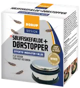 Æske med sølvfiskefælde og dørstopper, flot metaldesign. Virker op til 6 måneder, genopfyldelig og sikker. Placeres ved døren, tydelige brugsanvisninger medfølger.