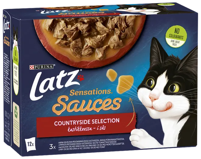 Förpackning med Purina Latz Sensations Sauces Countryside Selection kattmat, 12-pack, med tecknad katt, matbild och märkning utan färgämnen. Våtfoder i sås.
