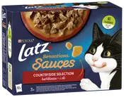 Förpackning med Purina Latz Sensations Sauces Countryside Selection kattmat, 12-pack, med tecknad katt, matbild och märkning utan färgämnen. Våtfoder i sås.