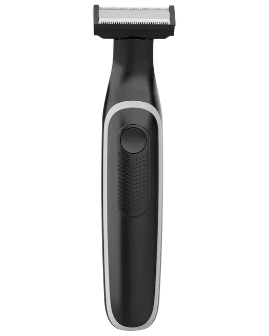 Svart elektrisk trimmer med foliehuvud, texturerat grepp och rundat handtag.