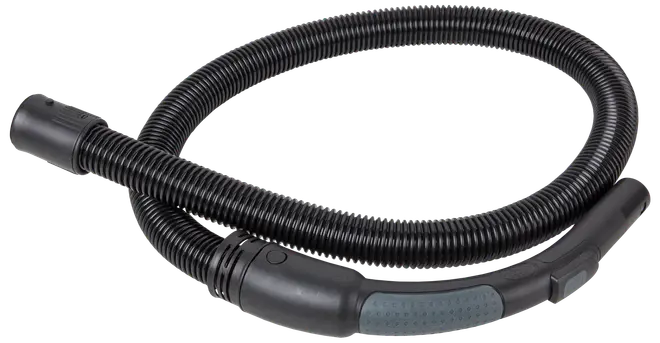 Flexibel svart dammsugarslang med ergonomiskt handtag och texturerat grepp. Enkel att fästa, passar olika dammsugarmodeller, perfekt för svåråtkomliga områden.