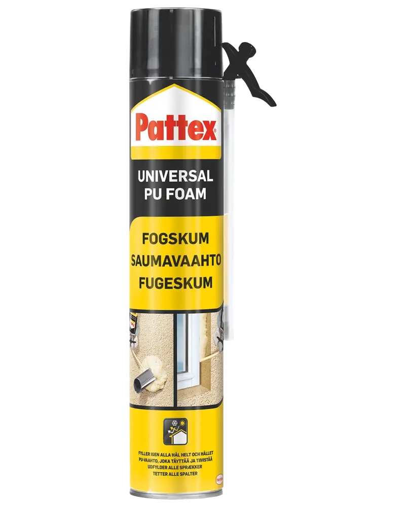 Pattex Universal PU Foam dåse med dyse, bruges til tætning af sprækker og isolering. Flersproget etiket og billeder viser anvendelse ved vinduer og samlinger.