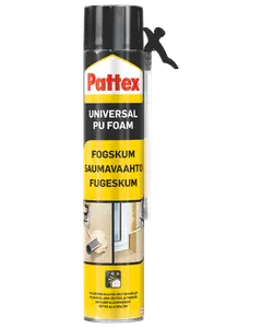 Pattex Universal PU Foam dåse med dyse, bruges til tætning af sprækker og isolering. Flersproget etiket og billeder viser anvendelse ved vinduer og samlinger.