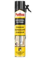 Pattex Universal PU Foam spraydåse med sort og gul etiket og applikatordyse. Bruges til at tætne sprækker, isolere og udfylde huller ved byggeri og renovering.