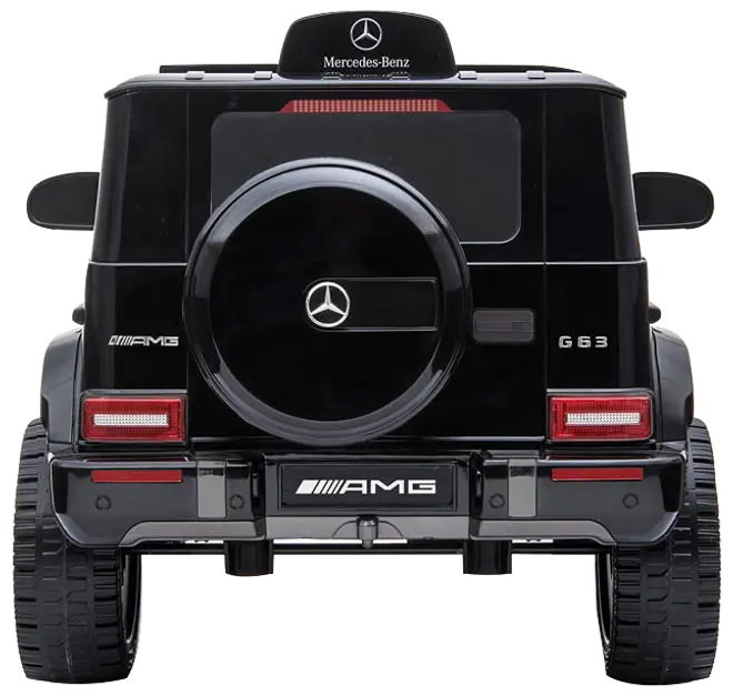 Bagside af sort Mercedes-Benz AMG G63 legetøjsbil med detaljeret reservehjulsdækning, realistiske baglygter og logoer. Robust dæk og solid konstruktion til børns køretur.