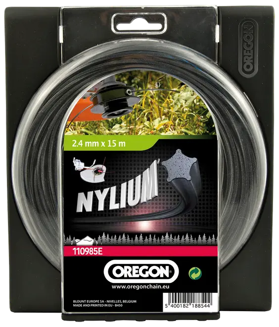Oregon Nylium trimmertråd, 2,4 mm tjock, 15 meter lång, passar grästrimmers. Levereras i rund plastförpackning för enkel förvaring och användning.