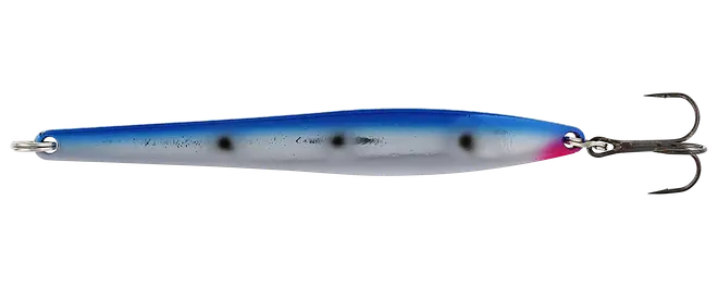 Slank sølvblå fiskelokke med mørke prikker, reflekterende finish og trekrog i begge ender.