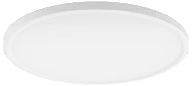 Rund, flad LED-loftlampe med hvid ramme og matteret diffuser, der giver jævn belysning. Moderne, minimalistisk design til kontorer eller hjem.