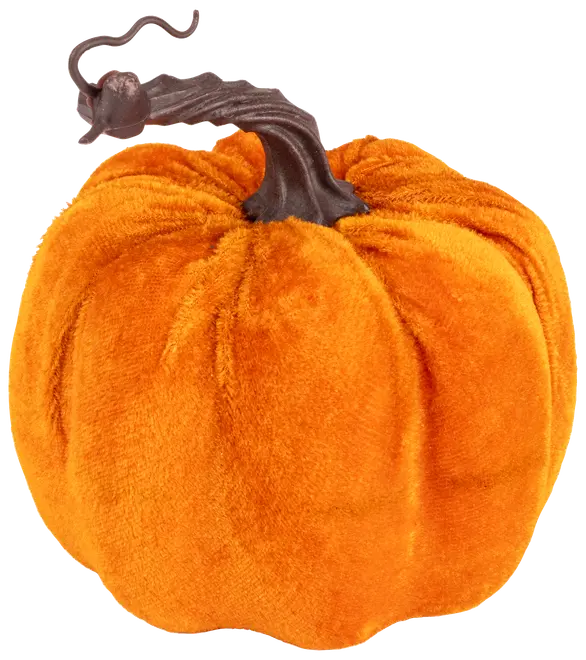 Mjuk pumpadekoration i orange plysch med realistisk brun stjälk. Perfekt för höst- eller halloweendekor. Medelstor, rund och något tillplattad.