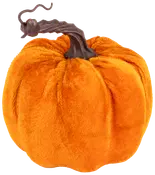 Mjuk pumpadekoration i orange plysch med realistisk brun stjälk. Perfekt för höst- eller halloweendekor. Medelstor, rund och något tillplattad.