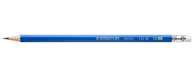 Blå Staedtler Norica HB 2 blyant med sølvfarvet hylster og hvidt viskelæder. Seks-kantet skaft, spidsen er spidset, produktinformation trykt i hvidt på siden.