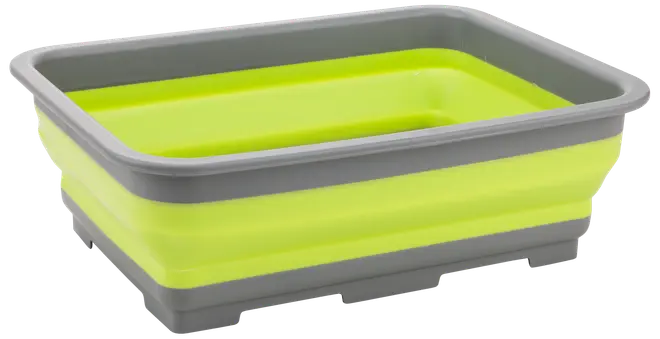 Rektangulær sammenklappelig opbevaringsboks i limegrøn med grå kant, lavet af holdbar plast og silikone. Perfekt til opbevaring eller transport, let og nem at gemme væk.