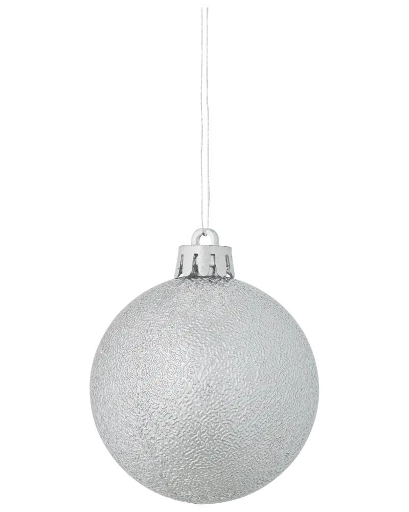 Silverfärgad julgranskula med glittrig, texturerad yta och metallfäste. Levereras med silverfärgat snöre för upphängning. Rund form, passar till juldekoration.